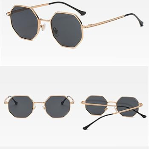 Lunettes de soleil polygone vintage – design en métal doré, style rétro chic, verres miroir UV400 pour femmes et hommes