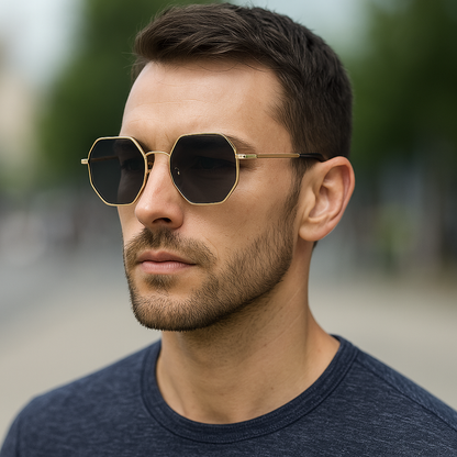 Lunettes de soleil polygone vintage – design en métal doré, style rétro chic, verres miroir UV400 pour femmes et hommes